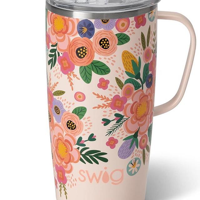 Swig Life 22oz Travel Mug, Insulated Tumbler with Handle and Lid, Cup Holder Friendly, Dishwasher Safe, Stainless Steel, Travel Coffee Cup, Insulated Mug with Lid (Full Bloom)