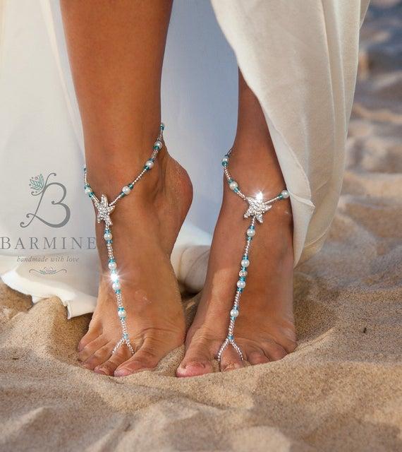 Bermuda Beach wedding barefoot sandals, Something blue Bridal foot jewelry, Starfish Footless sandals, Beach shoes, Bridesmaid gift