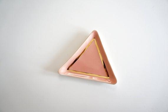 Peach and Gold Triangular Shaped Ring Dish. The Object Enthusiast. Jewelry holder. Triangle dish. Ceramic jewelry dish. Ring dish.