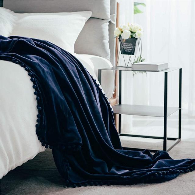 DEZENE Throw Blanket with Pom-poms Navy: Decorative Soft Fuzzy Fleece Fluffy Plush Flannel Nap Blanket for Couch Sofa Bed 50 x 60 Inch