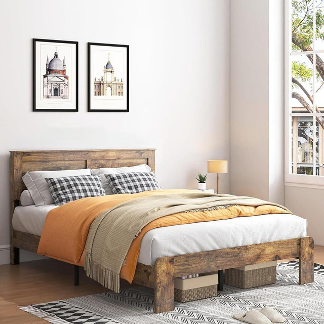 GJQN King Size Bed Frame with Headboard, Wood Platform Bed Frame with 12 Wooden Slats Support, No Box Spring Needed, Noise Free (Dark Brown, King)