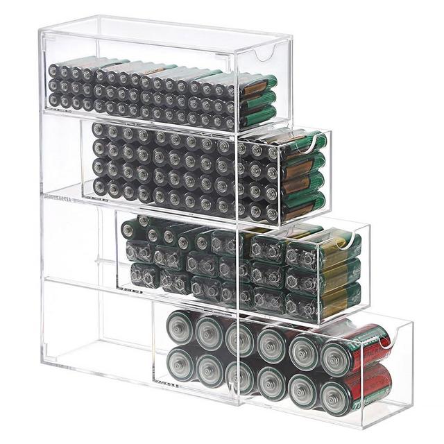 BTSKY 1 Pack Clear Acrylic Battery Storage Organizer for AA, AAA, 9V, C Batteries, 4-Drawer Storage Box Battery Holder Organizer for Common Types Batteries, Household Container(Batteries Not Included)