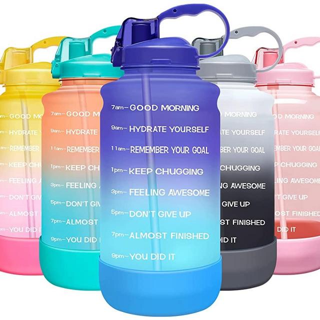 Elvira Large 1 Gallon/128 oz Motivational Time Marker Water Bottle with Straw & Protective Silicone Boot, BPA Free Anti-slip Leakproof for Fitness, Gym and Outdoor Sports