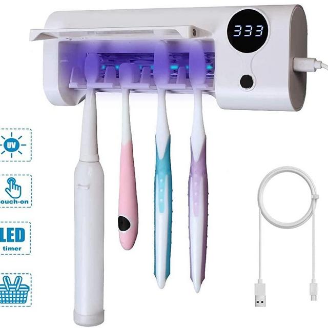 Qhand UV Toothbrush Sanitizer, Bathroom Toothbrush Holder Wall Mounted with Sterilizer Function, 1500mAh Charging, Timing Function, Toothbrush Organizer for Ladies Baby Family