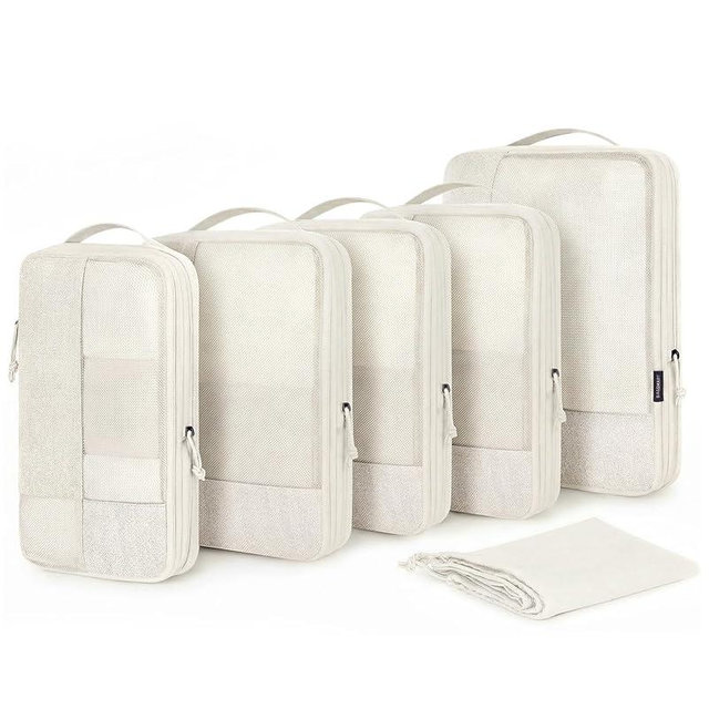 BAGSMART Compression Packing Cubes for Travel, 6 Set Packing Cubes for Carry on Suitcases, Compression Travel Cubes & Suitcase Organizer for Packing with Shoe Bag Light Beige