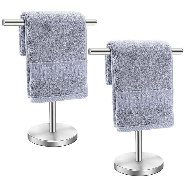 Zitalupy T-Shape Bath Hand Towel Holder Stand, Stainless Steel Free Standing Hand Towel Rack with Heavy Base, for Bathroom Kitchen & Countertop, Silver, 2 Pack