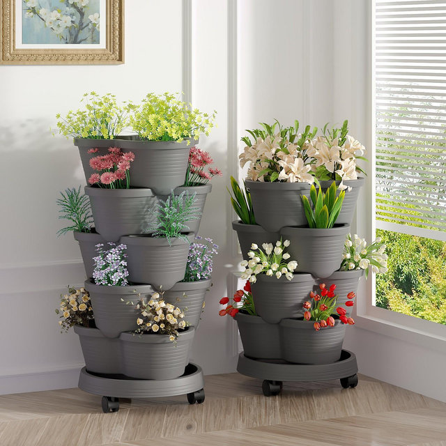 VECELO 5-Tier Vertical Garden Planter, Self Watering Stackable Planter with Wheels for Strawberries, Flowers, Vegetables, Set of 2