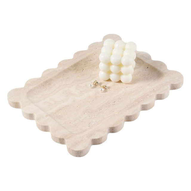 Koville Travertine Vanity Tray, 11"x8" Natural Stone Organizer Tray for Countertop Bathroom Kitchen Dresser, Marble Decorative Jewelry Dish for Cosmetics Perfume Trinket(Beige)