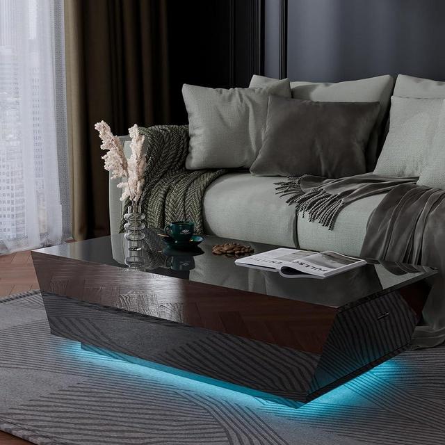 Cozy Castle 47.2" W Modern Coffee Table with LED Lights, High Glossy Coffee Table with Storage Drawers, Contemporary Center Table for Living Room, Black