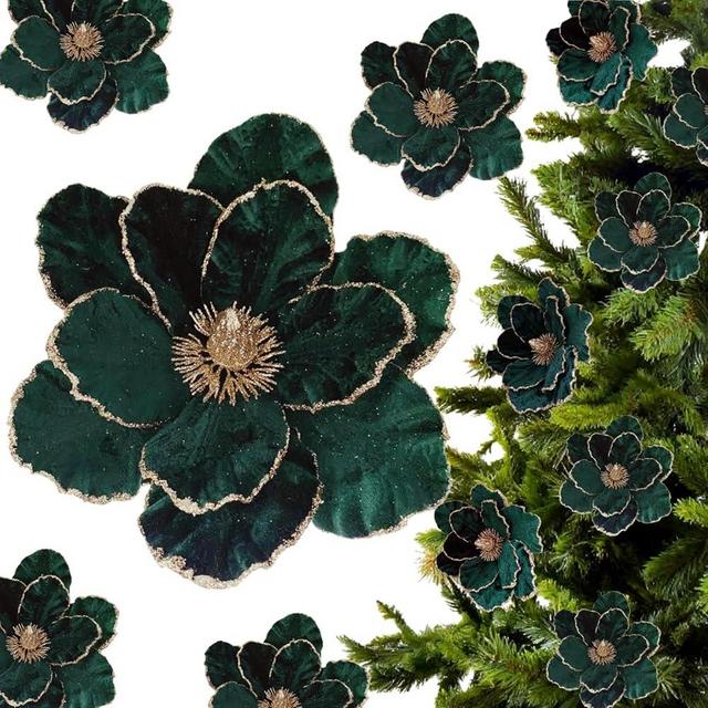 ZHANGBY 12 Pcs Christmas Velvet Poinsettia Flowers Ornaments, Glitter Artificial Magnolia for Xmas Tree Decorations (Dark Green, 8.8 Inch)