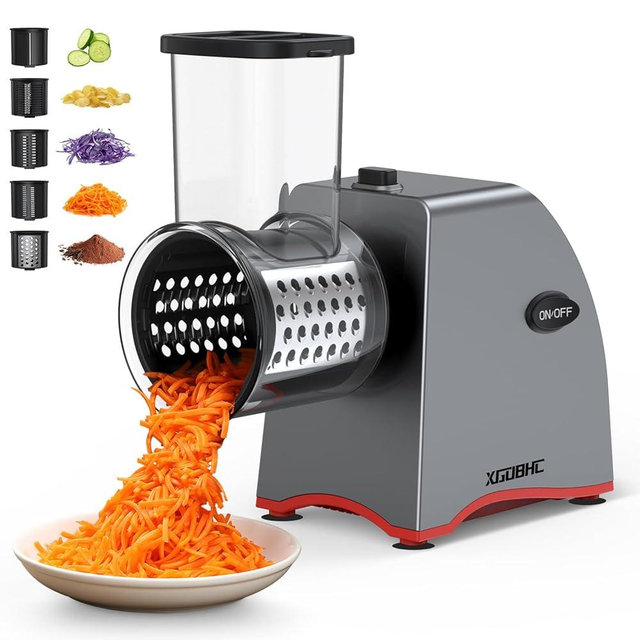 Electric Cheese Grater, Upgraded Salad Maker with 5 Replaceable Stainless Blades, 250W Electric Cheese Shredder, One-Touch Control Vegetable cutter Kitchen Slicer for Cheeses, Fruits, Nuts