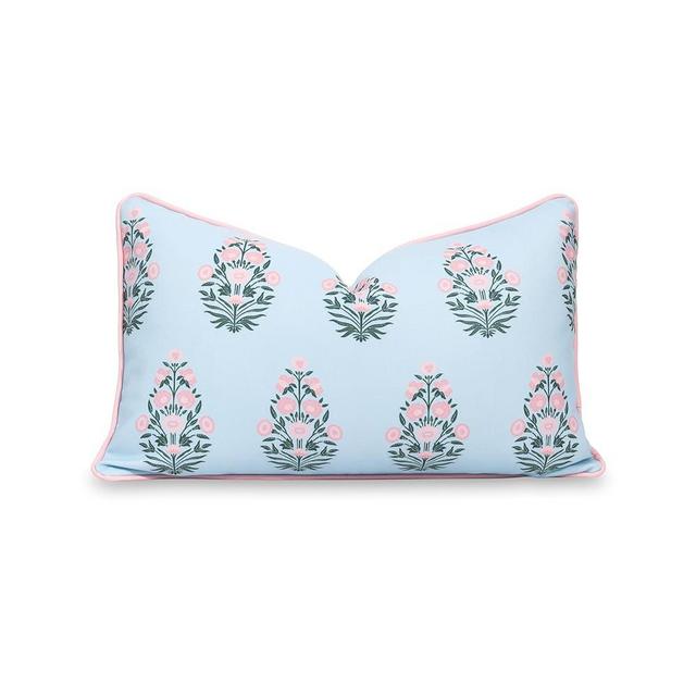Hofdeco Premium Coastal Patio Indoor Outdoor Lumbar Pillow Cover Only, 12"x20" Water Repellent for Backyard, Couch, Baby Blue Blush Pink Floral with Piping