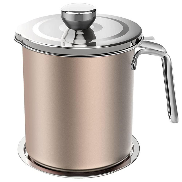 Chihee Oil Strainer Pot Grease Can 2 L Stainless Steel Oil Storage Can Container with Fine Mesh Strainer Dust-proof lid Non-slip Plate Suitable for Storing Frying Oil and Cooking Grease