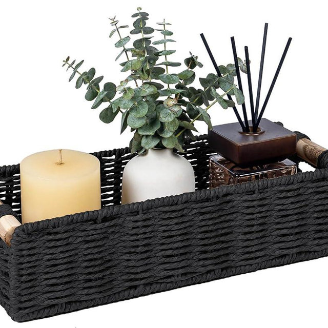 CubesLand Back of Toilet Storage Basket for Organizing w/Cut Out Handle, Handwoven Toilet Tank Top Paper Baskets, Wicker Decorative Basket for Countertop, Home Decor, Living Room, Nursery, Black