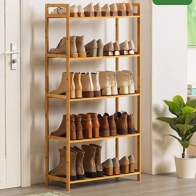 Boot Rack 5 Tier Adjustable Shoe Rack for Entryway | Front Door, Bamboo Wooden Sturdy Shelf, Versatile for Plants | Books | 15 - 20 Pairs of Shoes, Easy to Assemble, Length: 26.8 inch, Save Space