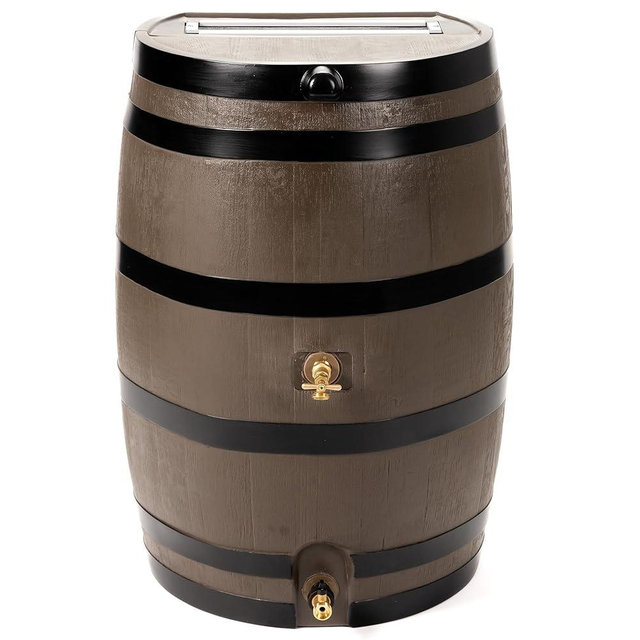 RTS Home Accents Polyethylene 50 Gallon Flat Back Dual Brass Spigot Rain Barrel, Woodgrain with Black Stripes Color
