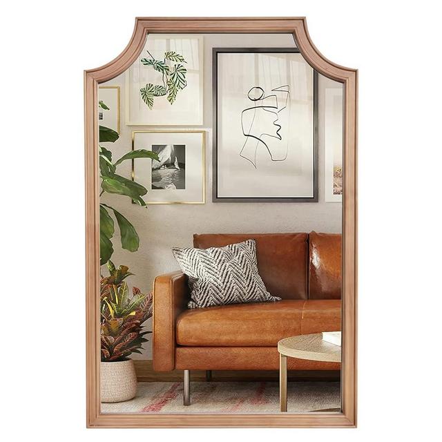 WallBeyond Wood Framed Mirror with Scalloped, 24" x 36" Farmhouse Arch Wall Mirror for Bathroom Entryway Living Room or Bedroom Home Decor [Natural]