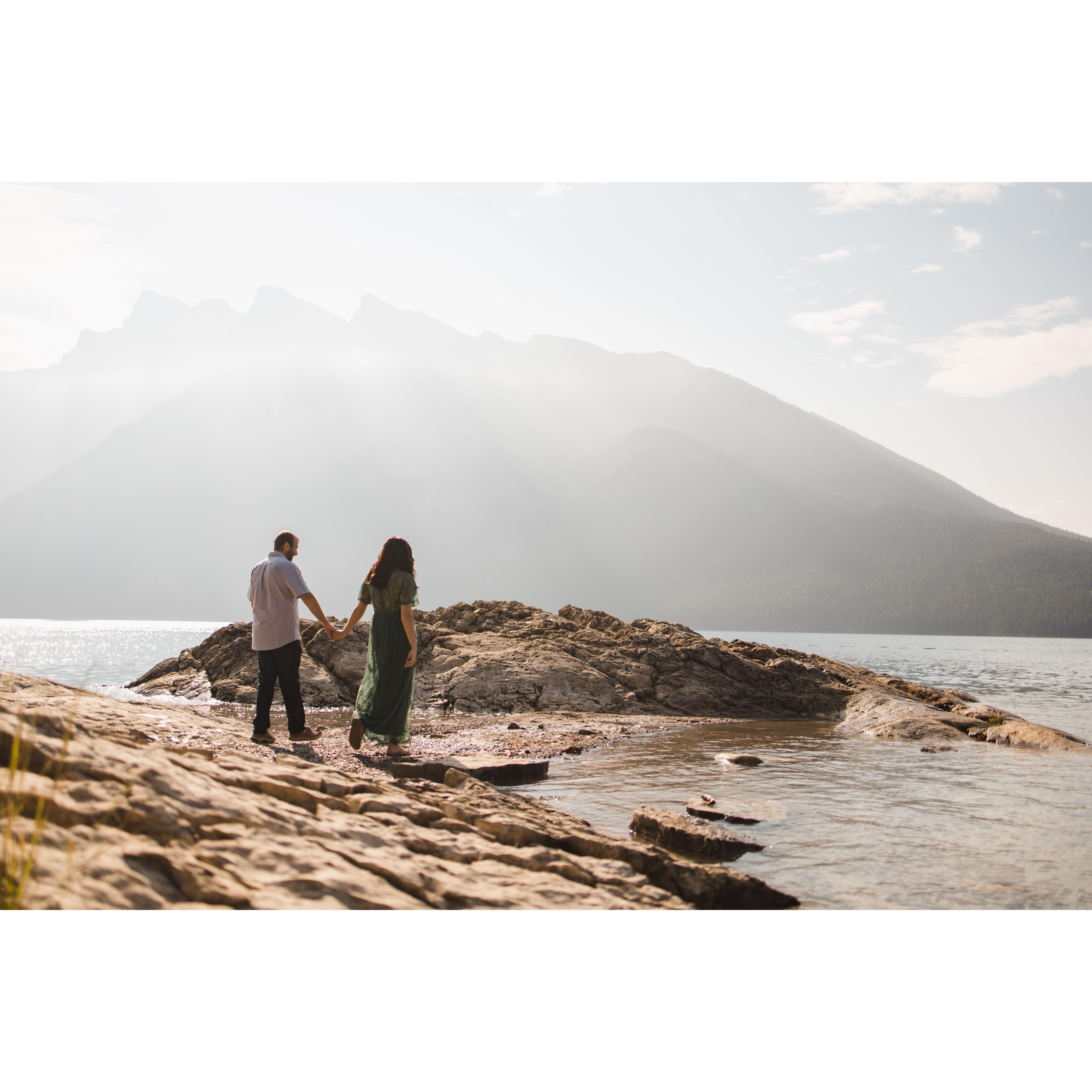 The week after we got engaged, we took an incredible trip into Banff National Park in Alberta, Canada. Eva found a local woman working on her photography skills to snap a few shots at Lake Minnewanka.