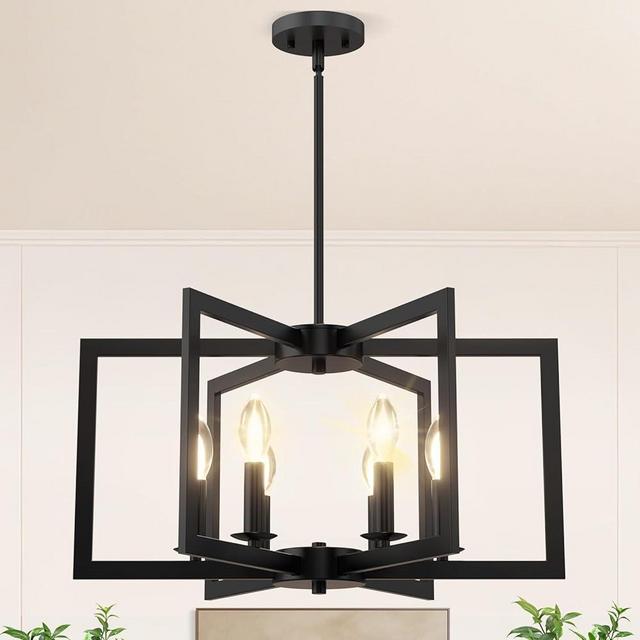 Modern Black Chandelier, 6-Light Geometric Dining Room Light Fixture, Industrial Pendant Lights Kitchen Island, Hanging Metal Farmhouse Chandeliers for Dining Room Entryway Foyer Bedroom Kitchen