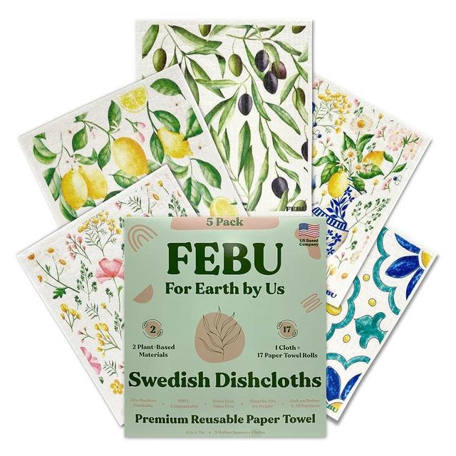 FEBU Swedish Dishcloths for Kitchen | 5 Pack Italian Summer Reusable Paper Towels | Reusable Paper Towels Washable | Non-Scratch Cellulose Sponge Cloths | No Odor, Biodegradable, Swedish Cloths