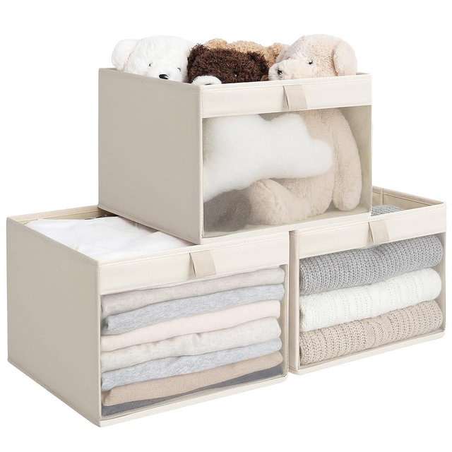 StorageWorks Storage Bins with Clear Window, Large Fabric Closet Organizer for Clothes, Collapsible Storage Baskets with PU Handles, Beige, 3-Pack