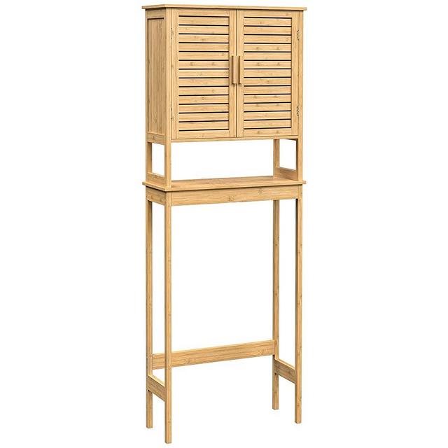 SONGMICS Over-the-Toilet Storage, Bathroom Cabinet with Adjustable Inside Shelf and Bottom Stabilizer Bar, Space-Saving Toilet Rack, Natural UBTS010N01