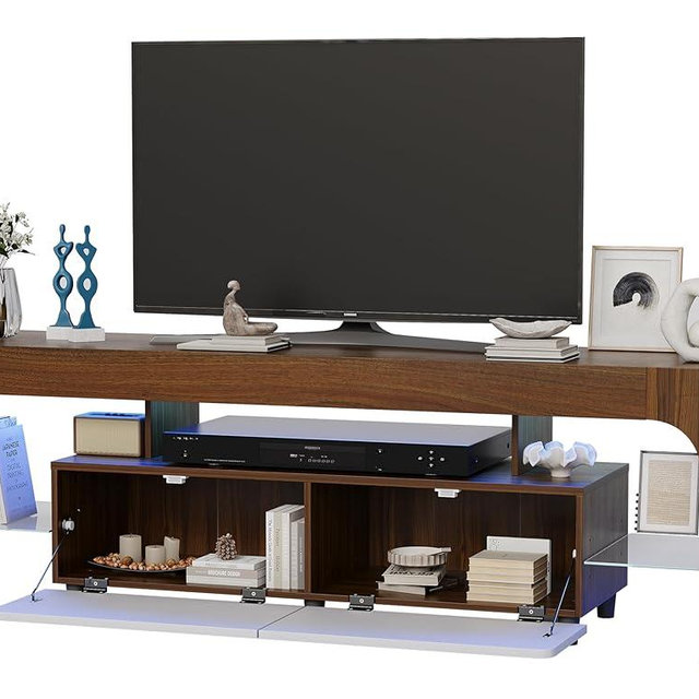 Garvee Modern Lighting TV Stand with Large Storage Drawer for 50 55 60 65 70 75 Inch TVs, TV Console Table with Control Color LED Lights, Entertainment Center Media for Living Room, Bedroom, Walnut