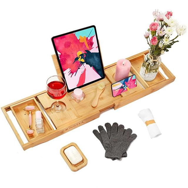 INOTKA Bathtub Tray for Bath, Extendable Luxury Bamboo Bath Caddy Tray for Bathtub, Spa Organizer, Bath Table for Tub