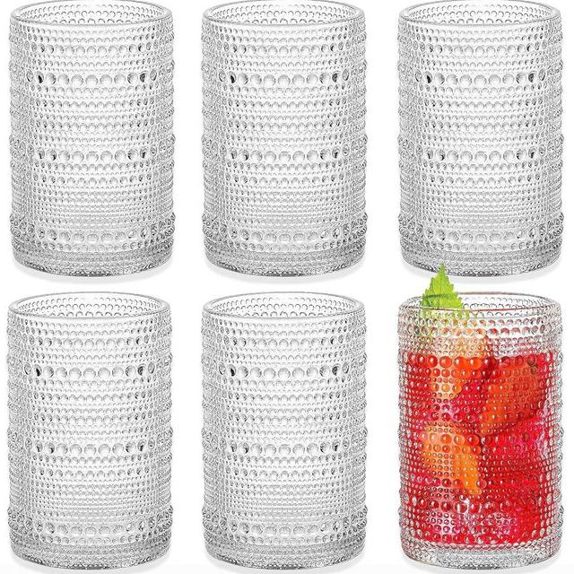 Nexboraque 6 Pack Vintage Drinking Glasses, 12 oz Clear Bubble Cups, Hobnail Drinking Glasses Embossed Water Glassware Set for Beverages, Beer, Water, Cocktail, Juice and Milk