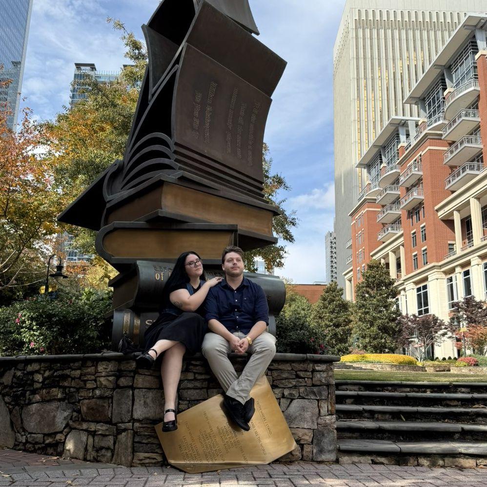 My favorite photo of us after the proposal. Did I mention he proposed in a literary-themed park in CLT???