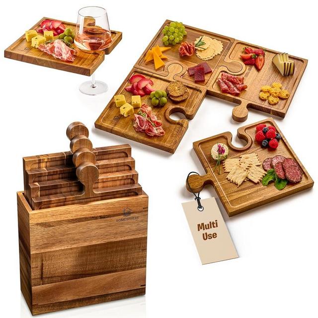 Homesphere Wooden Charcuterie Boards, Appetizer Tray for Parties & Cutting Board with Handle, Set of 4, Acacia Wood Board, Wine Gifts, Wine Accessories, Interlocking Puzzle Serving Tray w/Storage Box