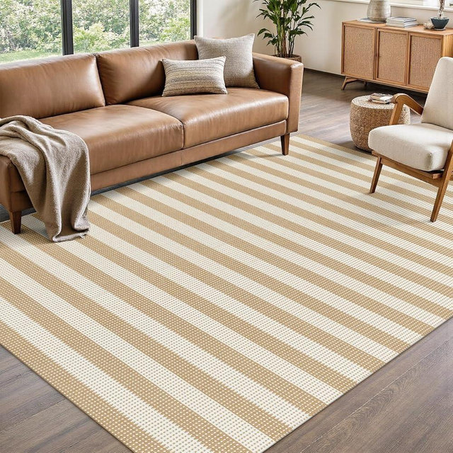 Rugalia Washable Woven 5x7 Area Rug, Khaki Striped Cotton Living Room Rugs Low Plie Non-Slip Bedroom Rug, Modern Farmhouse Neutral Floor Carpet for Dining Room Balcony Outdoor Patio
