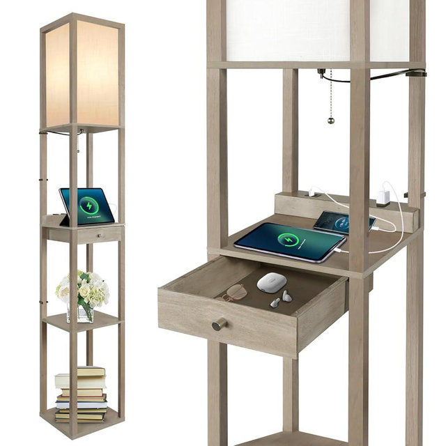 OUTON Deluxe Shelf Floor Lamp with 1 Drawer, 2 USB-C Ports, 2 AC Outlets, LED Modern Floor Lamp with 3 Color Temperature, Storage Display Wood Standing Lamp for Living Room, Bedroom, Office (Grey)