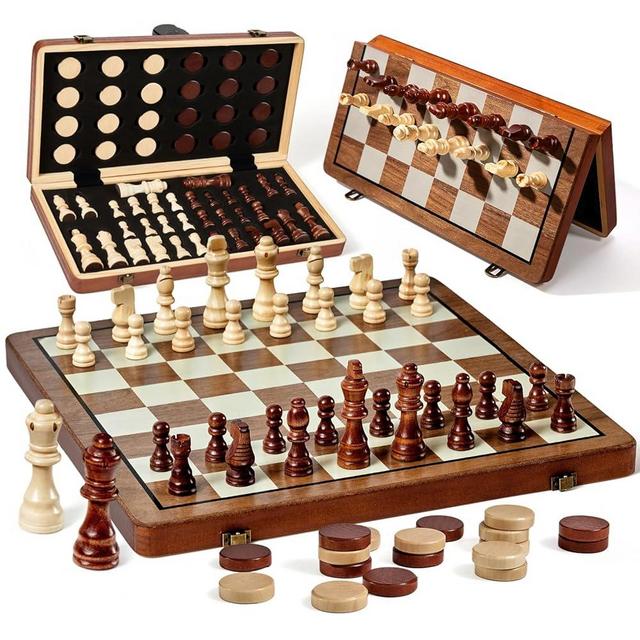 MerryPony Wooden Chess Set for Adults & Kids, 15" Foldable Wooden Chess Board with 2 Extra Queens, 2 in 1 Chess and Checkers Set, Travel Magnetic Chess Game Set, Beginner Chess Set for Kids