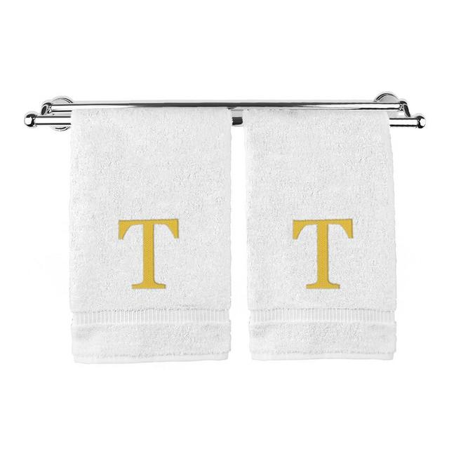 Monogrammed Hand Towel, Personalized Gift, Set of 2- Gold Block Letter Embroidered Towel - Extra Absorbent 100% Turkish Cotton - Soft Terry Finish - Initial T White