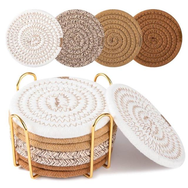 OIAHOMY 8 Pcs Coasters with Holder, Coasters for Drinks, Woven Cotton Absorbent Coaster Set for Kinds of Cups, Housewarming Gifts for Home Decor -Yellow