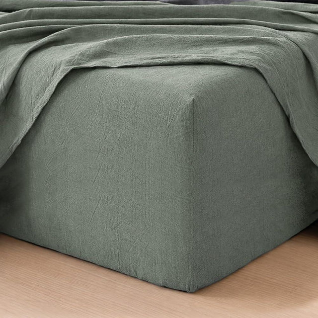 MooMee Fitted Bottom Sheet Only 100% Washed Cotton Linen Like Textured Breathable Durable Soft Comfy Deep Pocket Fits Mattress up to 17" (Heathered Green, King)