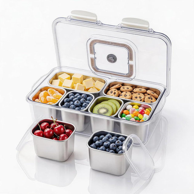 Koocovel 6-Compartment 304 Stainless Steel Snackle Box with Lid & Handle, Divided Serving Tray for Fruit, Veggie, Candy, Nuts – Portable Snack Container for Travel, Picnic, Beach, Party