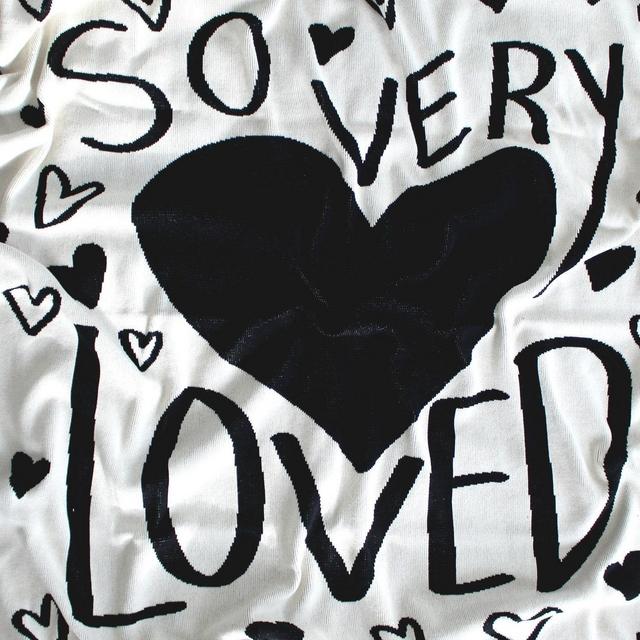 So Very Loved Knit Blanket - Classic Black and White Throw - Gifts To Ship and Snuggle - Heart Love Theme Decor - Be My Valentine Sweetheart