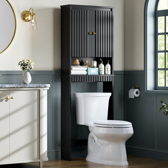 Baztin Over The Toilet Storage Cabinet, Over The Toilet Storage with Fluted Door Over The Toilet Cabinet with Adjustable Shelf Above The Toilet Storage Cabinet for Bathroom Organizer, Black