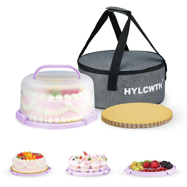 HYLCWTH Cake Carrier With Lid And Handle, Bpa-Free Cake Holder With Lid For 10 Inch Round Cake Carrier With 10 pcs Round Golden Cake Boards And Portable Insulated Bag（Purple）