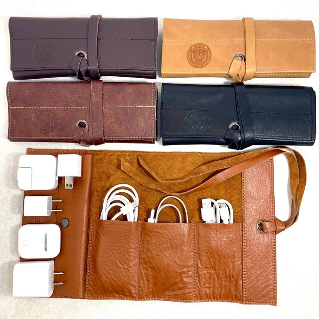 Handmade Leather Charger & Cable Organizer: Travel Cord Case, USA Made