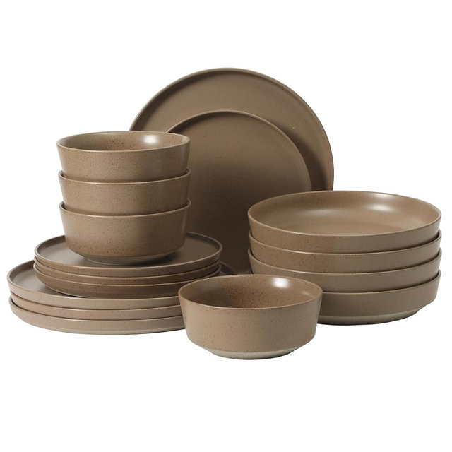 Gibson Elite Overbrook 16-Piece Pottery Clay Stoneware Dinnerware Set – Terraccotta Brown Reactive Glaze, Stackable Plates and Bowls w/Pasta Bowl, Service for 4 – Microwave & Dishwasher Safe