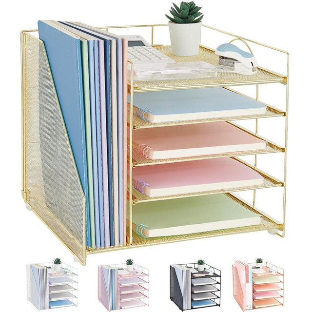 LEKETREE Desk Organizers and Accessories, 5-Tier Paper Letter Tray Organizer with File Holder, Desktop Organizer for Office Supplies (Gold)