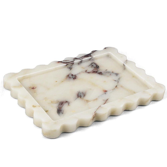 LIN CHUAN Real Natural Marble Tray, Luxury Scalloped Vanity Decorative Tray, Genuine Calacatta Gold Stone Tray for Bathroom Dresser, Home Decor, Kitchen Storage, Non-Resin/Ceramic, 10.6" x 8"