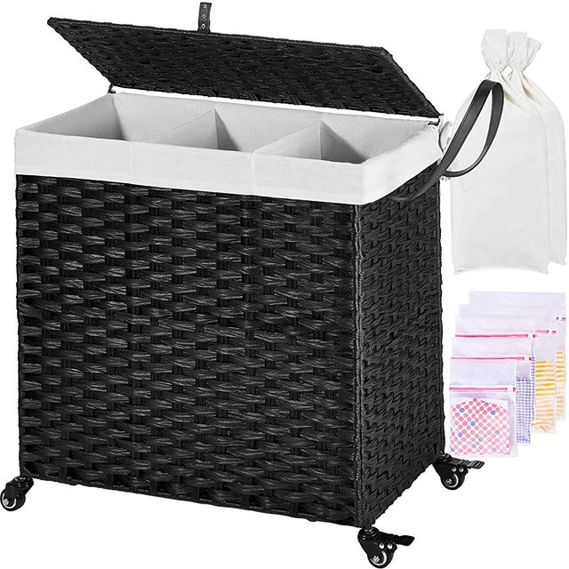 GREENSTELL Laundry Hamper with Wheels&Lid, 125L Large 3 Sections Clothes Hamper with 2 Removable Liner Bags, 5 Mesh Laundry Bags, Handwoven Divided Laundry Basket for Clothes, Toys in Bedroom Black