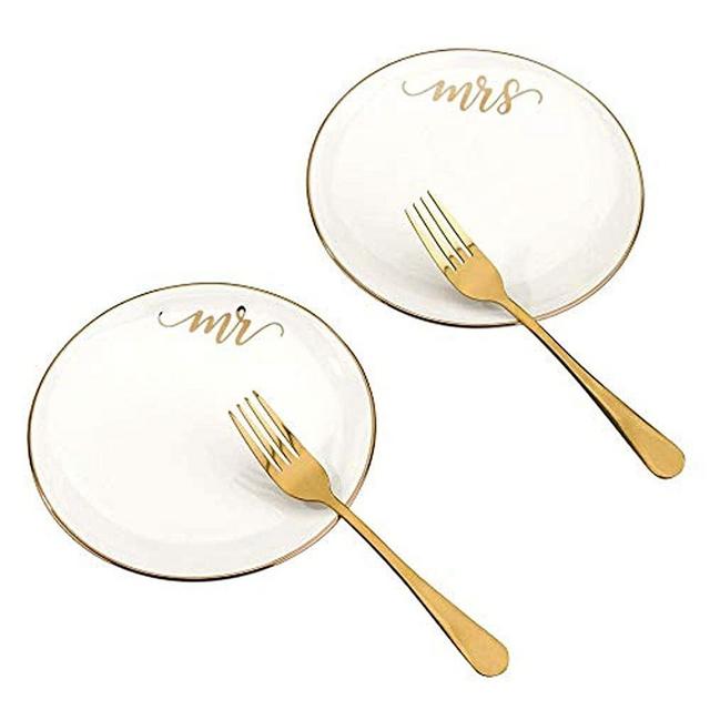 Lillian Rose Mr & Mrs Mrs Plates with 2 Forks Wedding Cake Ceremony Alternative Set, 7", Gold