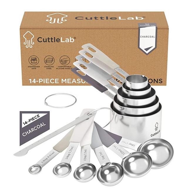 CuttleLab Measuring Cups and Measuring Spoons Set of 14 - Stainless Steel Measuring Cups and Spoons Set, Includes 1/8 Teaspoon Measuring Spoon, 1/8 Cup Measuring Cup, Leveler Dry (14, Charcoal)