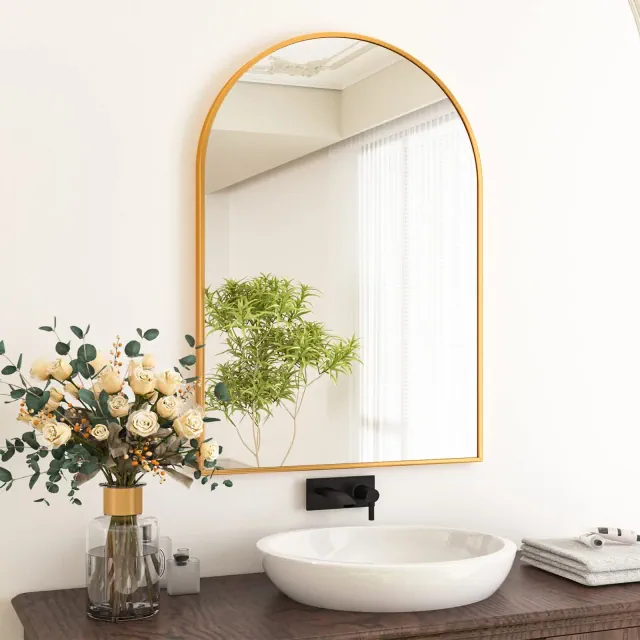 20" x 30" Arched Mantle Mirror, Gold-HOMLUX: Metal Frame, Wall Mount, Modern Decor