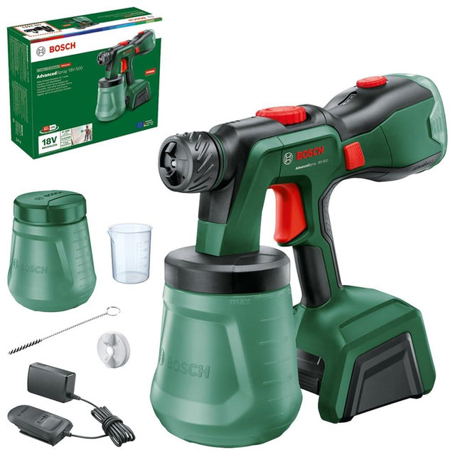 Bosch AdvancedSpray 18V-500 Cordless Paint Gun (lacquers, varnishes, disp./latex paints, 3m²/min; 2x 1200ml buckets; 4Ah charger and battery)